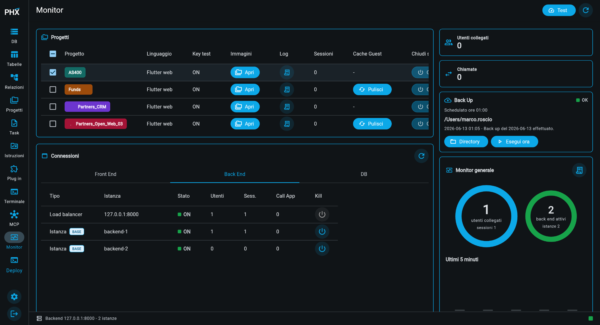 Monitor HM4AI con progetti, backend, sessioni, backup e stato istanze